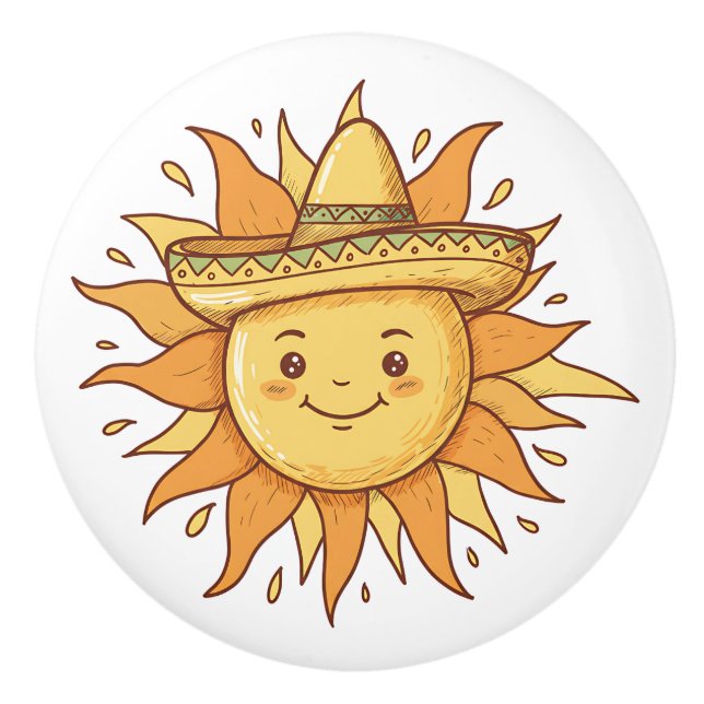  Smiling Sun with Sombrero - Sunny Fiesta Doodle Keramikknauf (Vorderseite)