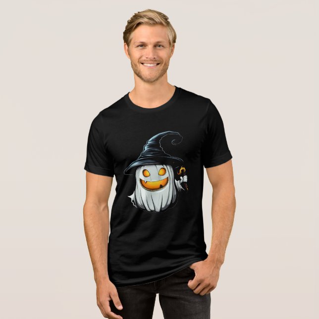 Smiling White Pumpkin Witch Design Tri-Blend Shirt (Vorderseite voll)
