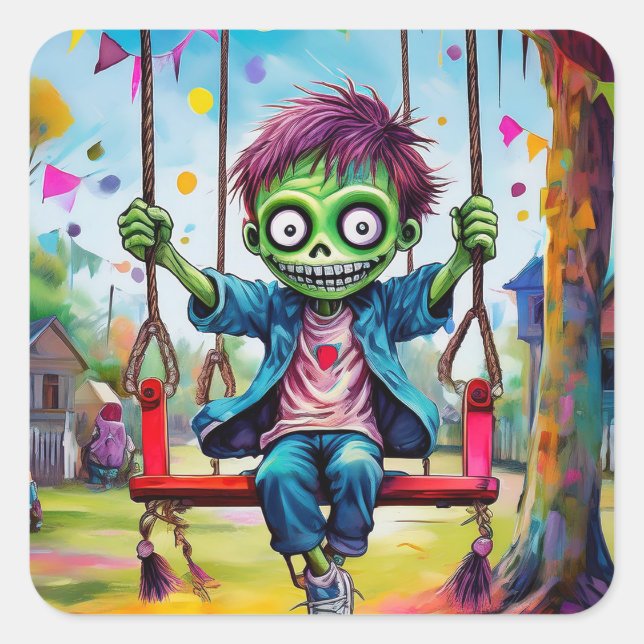 Smiling Zombie Kid on Swing with Party Flags Quadratischer Aufkleber (Vorderseite)