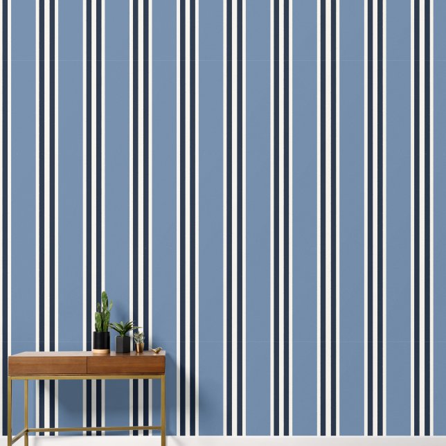 Smoke Blau & Navy Doppel-Rugby-Streifen Tapete (Korridor)