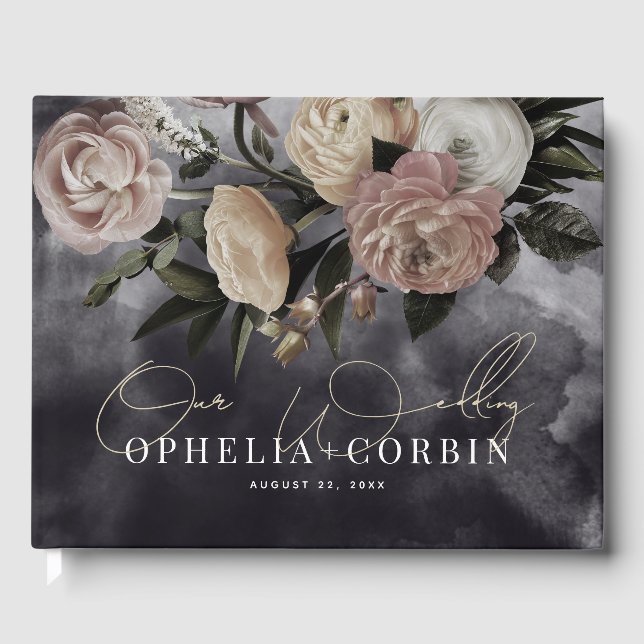Smokey Dark Black Rose Bouquet Wedding Gästebuch (Vorderseite)