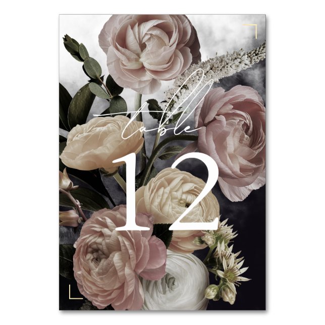 Smokey Dark Black Rose Bouquet Wedding Tischnummer (Vorderseite)