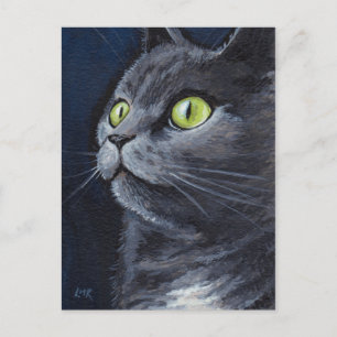 Smokey   Green Mit Augen Blue Gray Cat Portrait Postkarte