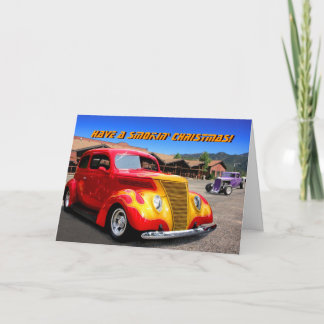 Smokin Flamme-rote Autoauto Weihnachtskarte Feiertagskarte