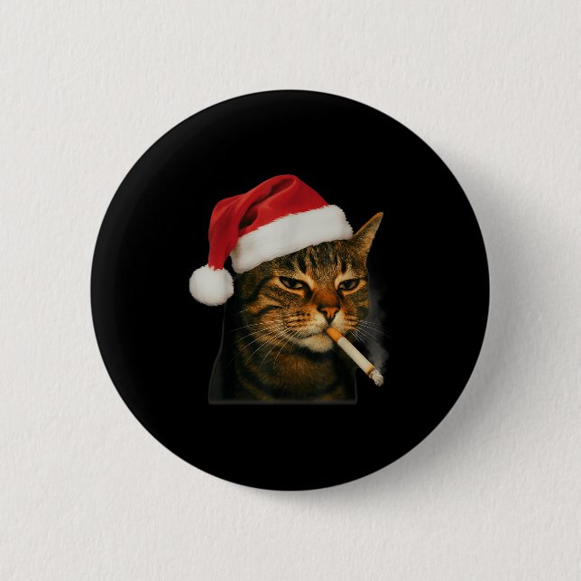 Smoking Cat Cigarette Christmas Santa Hat Cat Meme Button (Vorderseite)