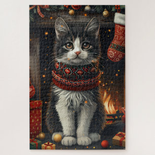 Smoking Cat mit Weihnachtsgeschenken Kamin Puzzle