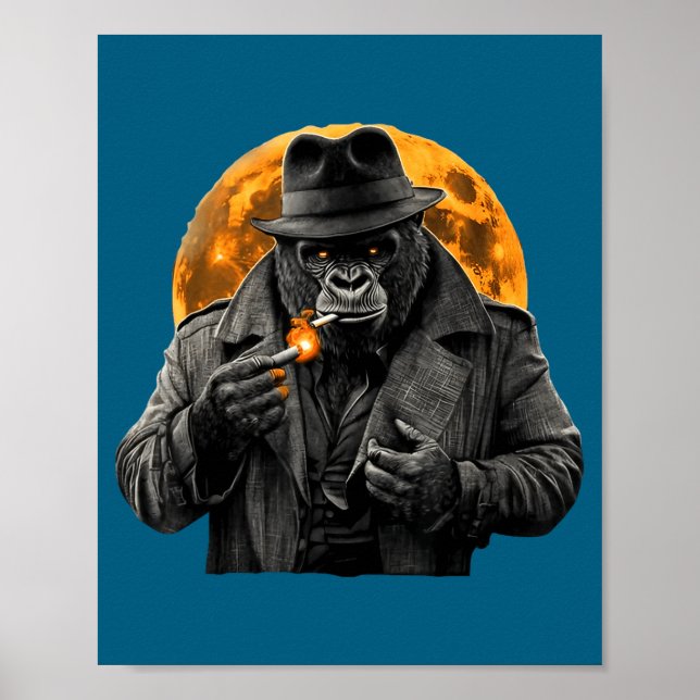 Smoking Gorilla In Trench Coat With Orange Moon Ar Poster (Vorne)