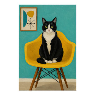 Smoking-Katze auf gelbem Mid-Century-Stuhl Poster
