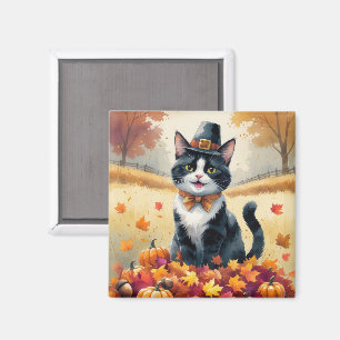 Smoking-Katze in Herbstlaub Thanksgiving Kunst Magnet