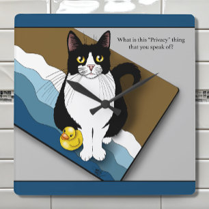 Smoking-Katze Lustige Badezimmer Privatsphäre Blau Quadratische Wanduhr