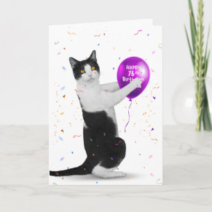 Smoking-Katze mit 76. Geburtstagsballon Karte
