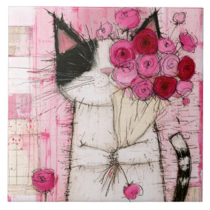 Smoking-Katze mit rosa Rosenstrauß Fliese