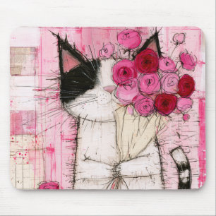 Smoking-Katze mit rosa Rosenstrauß Mousepad