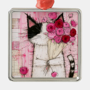 Smoking-Katze mit rosa Rosenstrauß Ornament Aus Metall