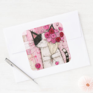Smoking-Katze mit rosa Rosenstrauß Quadratischer Aufkleber