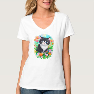 Smoking-Kitten-Blumengarten-Wasserfarben-T-Shirt T-Shirt