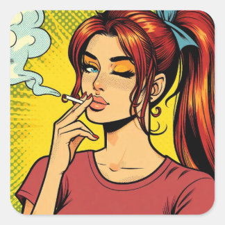 Smoking lovers | Pop art | Girl Stoner | Cigarette Quadratischer Aufkleber