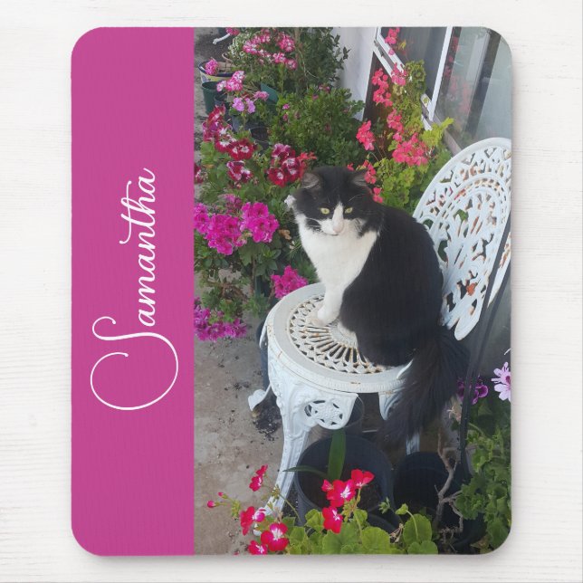 Smokingkatze Katzen und Blumen Mädchen Name Dunkel Mousepad (Vorne)