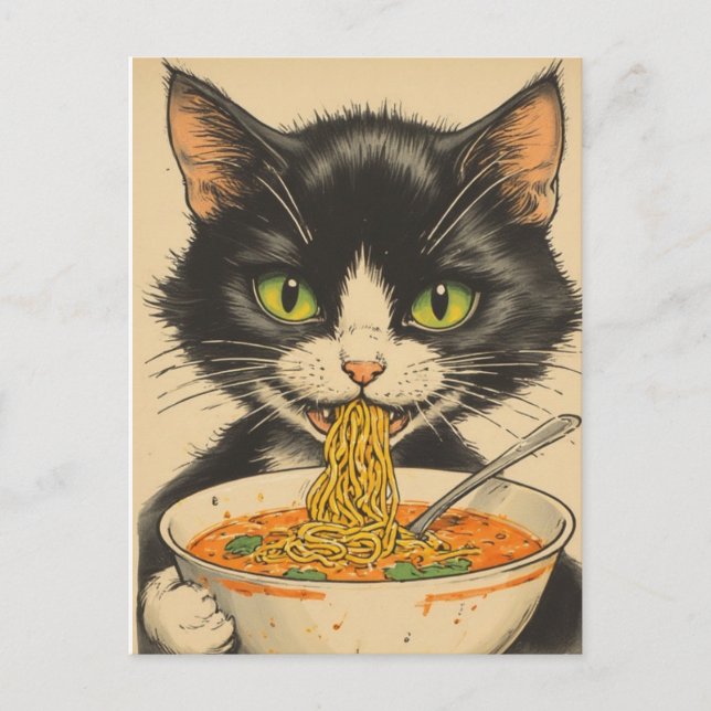 SMOKINGKATZE RAMEN NUDELN POSTKARTE (Vorderseite)