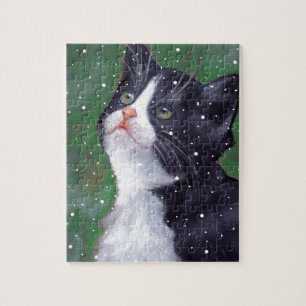 Smokings-Katze, die oben den Schneeflocken, malend Puzzle