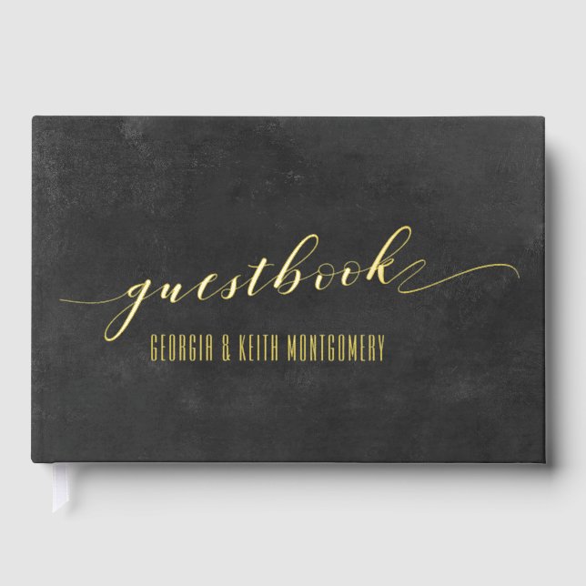 Smoky Black & Gold Elegante Hochzeit Gästebuch (Vorderseite)