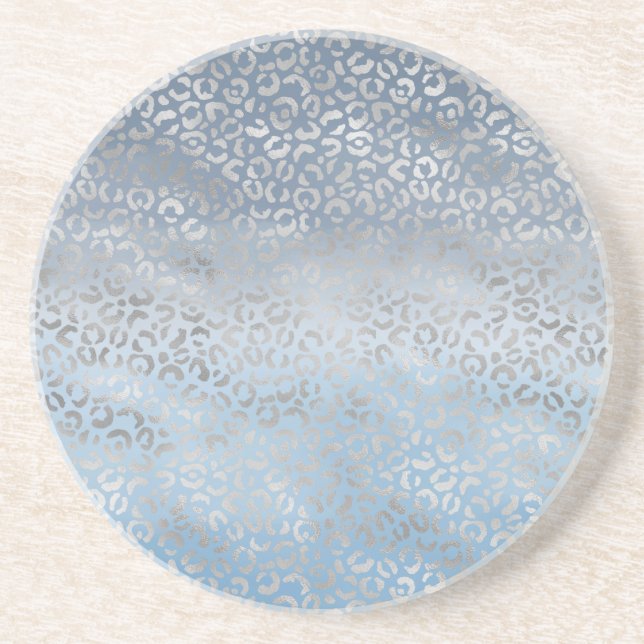 Smoky Blue White Ombre Silver Glam Leopard Print Getränkeuntersetzer (Vorne)