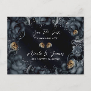 Smoky Gray Blue Rose Skulls Gothic Save the Date Ankündigungspostkarte