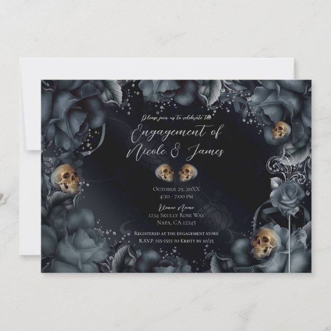 Smoky Grey Blue Rose & Skulls Engagement Party Einladung (Vorderseite)