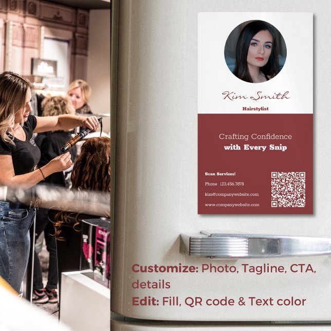 Smoky Topaz White Beruflich Hair Stylist CTA Magnetische Visitenkarte (Smoky Topaz White Professional Hair Stylist CTA Business Card Magnet, Tagline QR code, Profile Photo)