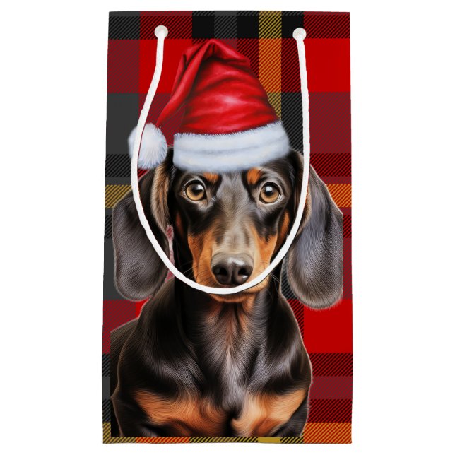 Smooth Coat Dachshund Red Christmas Plaid Kleine Geschenktüte (Vorderseite)