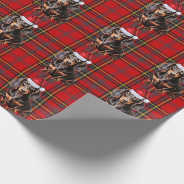 Smooth Coat Dachshund Red Holiday Plaid Christmas Geschenkpapier (Ecke)