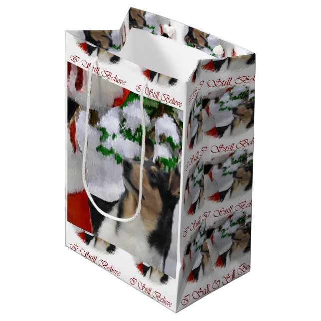 Smooth Collie Christmas Mittlere Geschenktüte (Vorderseite Schrägansicht)