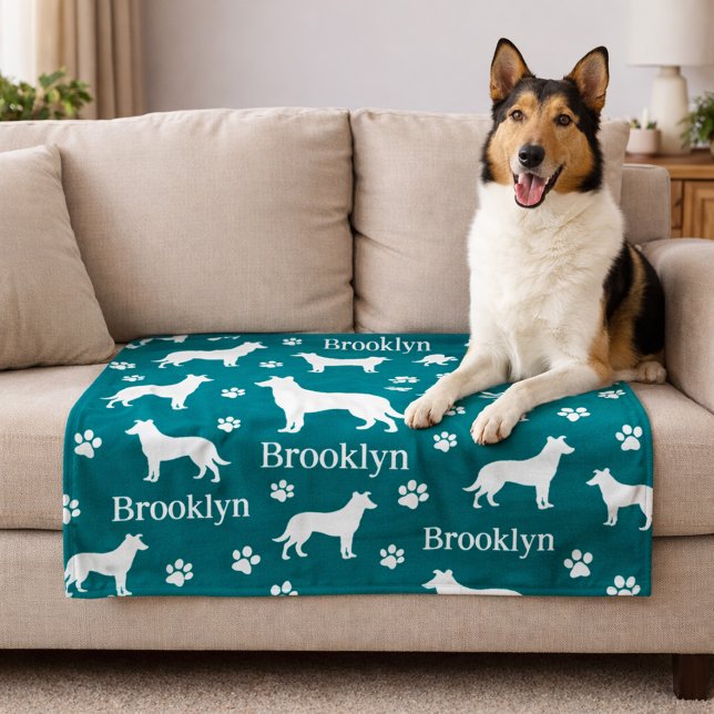 Smooth Collie Personalized Dog Blanket Deep Teal Fleecedecke (Collie - smooth hair personalized blanket with collie name and favorite color. Deep Teal shown here.)