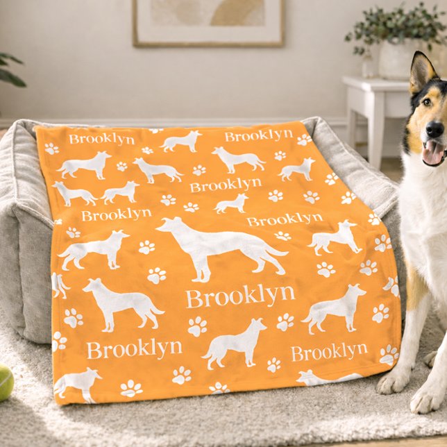 Smooth Collie Personalized Dog Blanket Orange Fleecedecke (Smooth hair collie - orange personalized blanket with name and fave color options. Example - large)