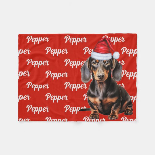 Smooth Dachshund Santa Dog Custom Name Christmas Fleecedecke (Vorderseite (Horizontal))