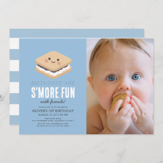 S'more Fun Kawaii Blue Boy 1. Geburtstag Foto Einladung