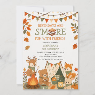 S'more Spaß im Wald beim Camping Geburtstag Herbst Einladung