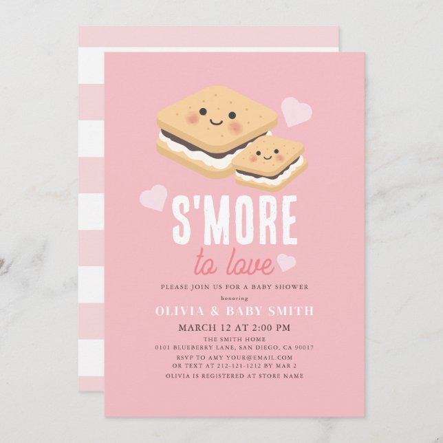 S'more to Liebe Kawaii Pink Girl Baby Shower Einladung (Vorne/Hinten)