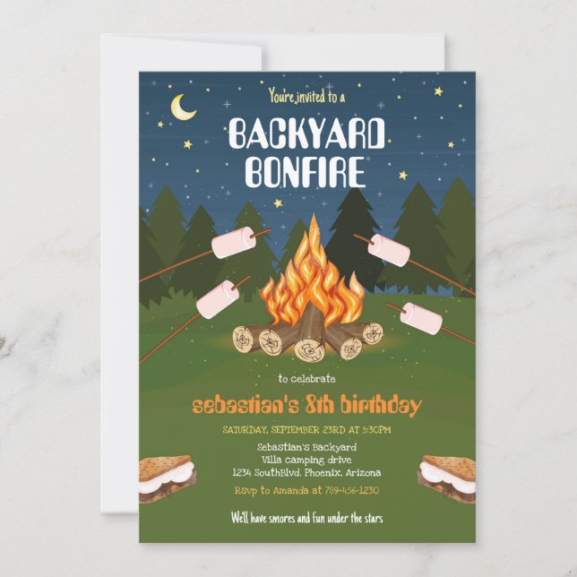 S'mores Backyard Camping Bonfire Birthday  Einladung (Vorderseite)