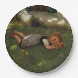 Snack Time (süßes junges Mädchen, das auf dem Gras Pappteller