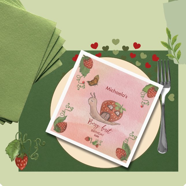 Snail & Strawberry 'Berry First' Party Napkins Serviette (Snail & Strawberry 'Berry First' Party Napkins)
