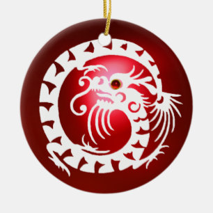 SNAKE DRAGON Black and White Red Ruby Keramikornament