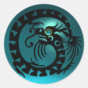 SNAKE DRAGON , schwarz, aquamarinblau Runder Aufkleber