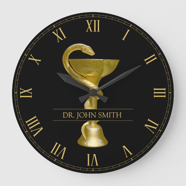 Snake Medical Bowl Hygieia Gold Caduceus Name Große Wanduhr (Vorderseite)
