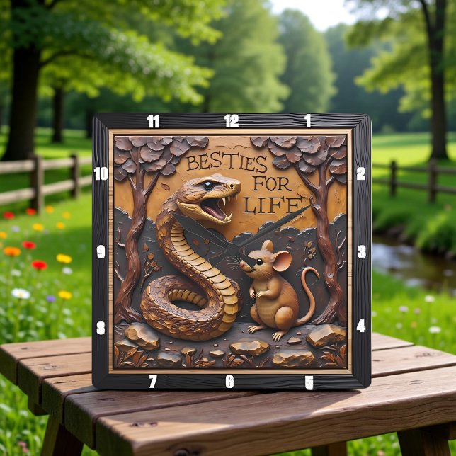 Snake Rat Friendship Wood Quadratische Wanduhr (Von Creator hochgeladen)