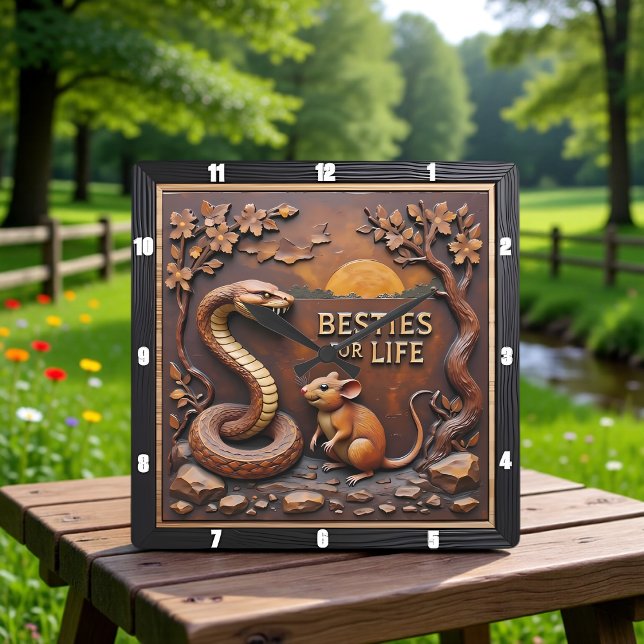 Snake Rat Sunset Friends Quadratische Wanduhr (Von Creator hochgeladen)