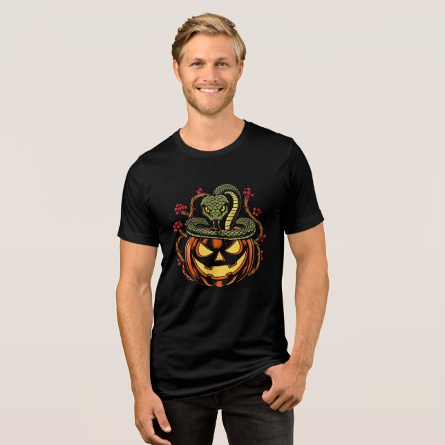 Snake Wrapped Around Jack-o'-Lantern Art Tri-Blend Shirt (Vorderseite voll)