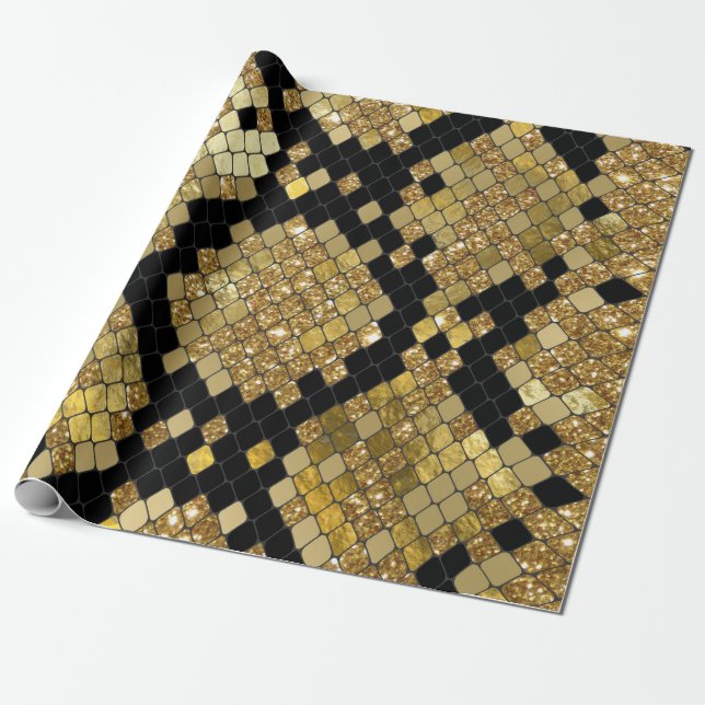 Snakeskin Gold Glitzer und Schwarz Muster Geschenkpapier (Ungerollt)