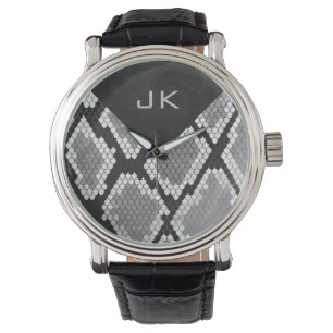 Snakeskin, grau, weiß und schwarz Mit Monogramm Armbanduhr
