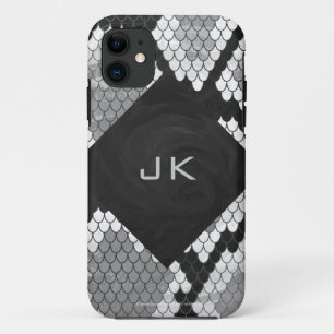 Snakeskin, grau, weiß und schwarz Mit Monogramm iPhone 11 Hülle